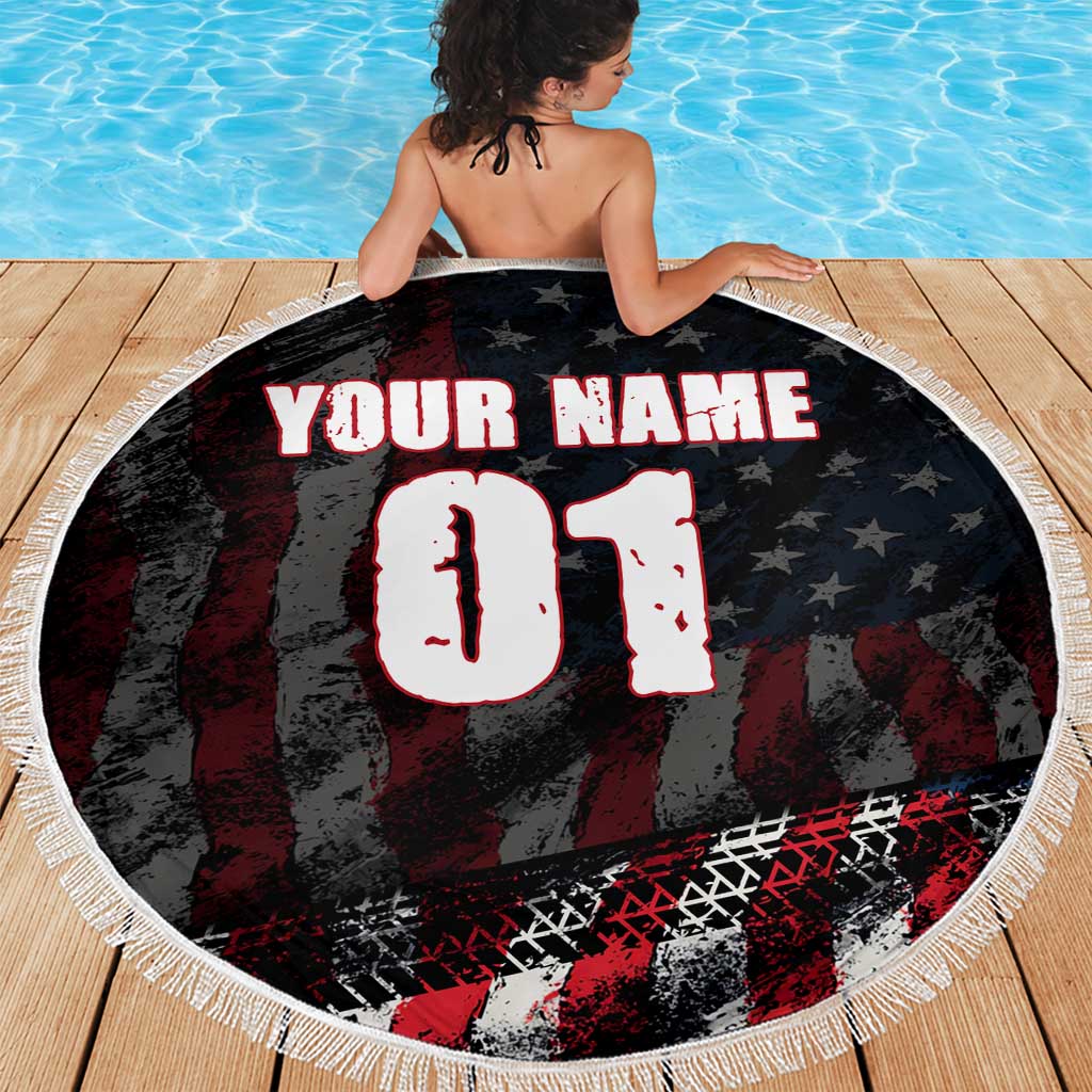 Motocross Rider Beach Blanket with American Flag Background and Extreme Text in Red and Black Grunge Design - Wonder Print Shop