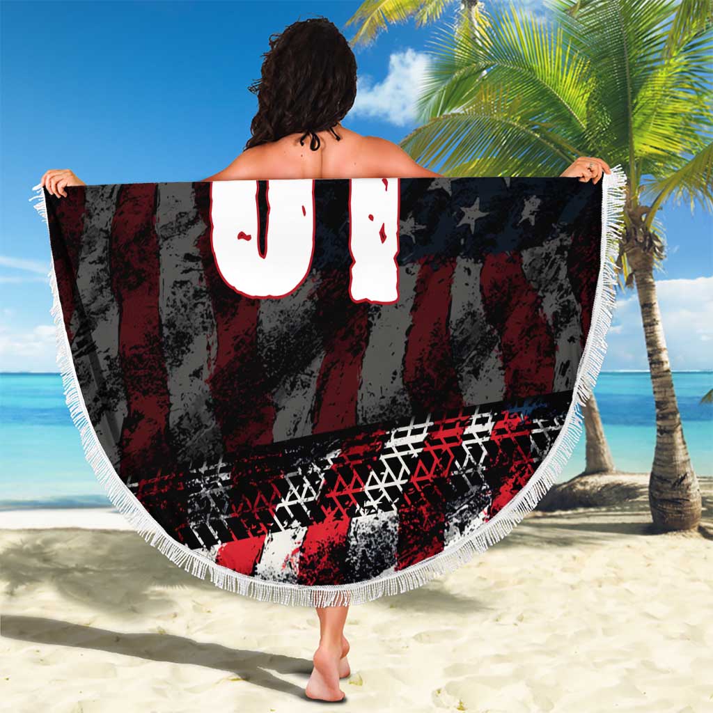 Motocross Rider Beach Blanket with American Flag Background and Extreme Text in Red and Black Grunge Design - Wonder Print Shop