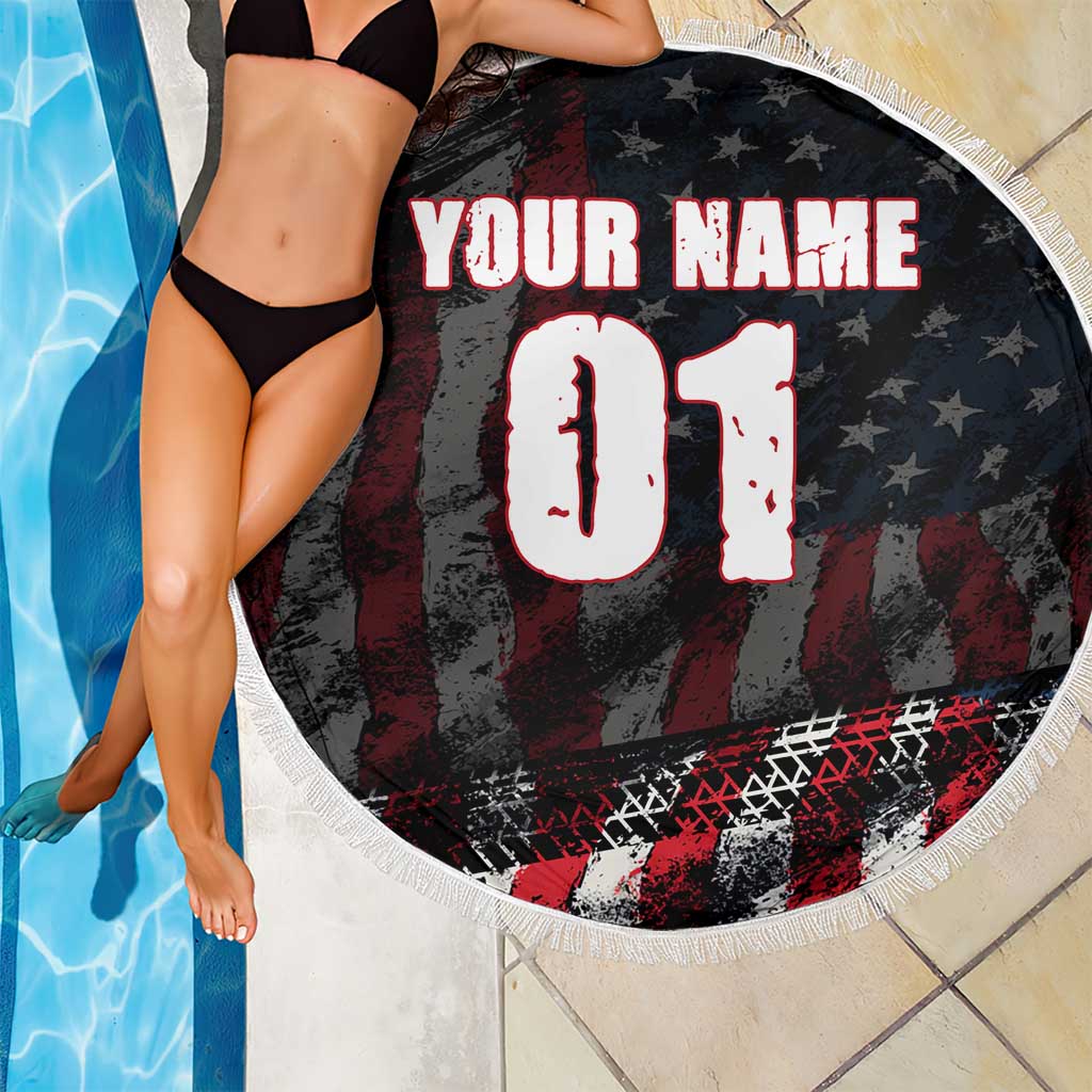 Motocross Rider Beach Blanket with American Flag Background and Extreme Text in Red and Black Grunge Design - Wonder Print Shop