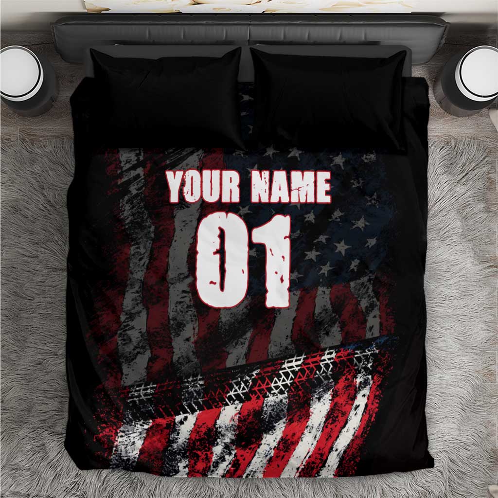 Motocross Rider Bedding Set with American Flag Background and Extreme Text in Red and Black Grunge Design - Wonder Print Shop
