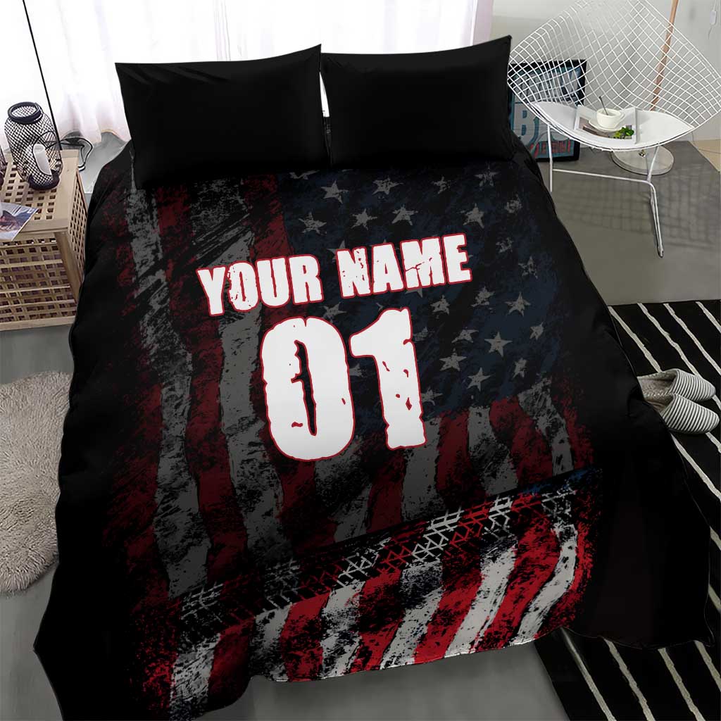Motocross Rider Bedding Set with American Flag Background and Extreme Text in Red and Black Grunge Design - Wonder Print Shop