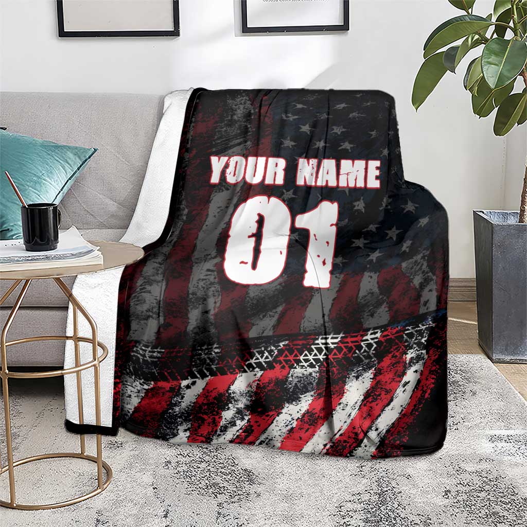 Motocross Rider Blanket with American Flag Background and Extreme Text in Red and Black Grunge Design - Wonder Print Shop