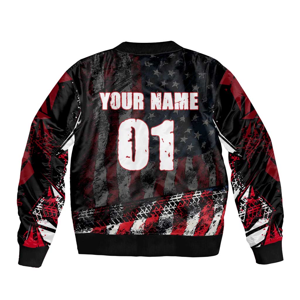 Motocross Rider Bomber Jacket with American Flag Background and Extreme Text in Red and Black Grunge Design - Wonder Print Shop