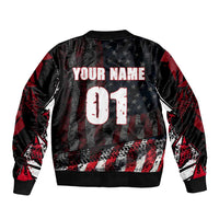 Motocross Rider Bomber Jacket with American Flag Background and Extreme Text in Red and Black Grunge Design - Wonder Print Shop