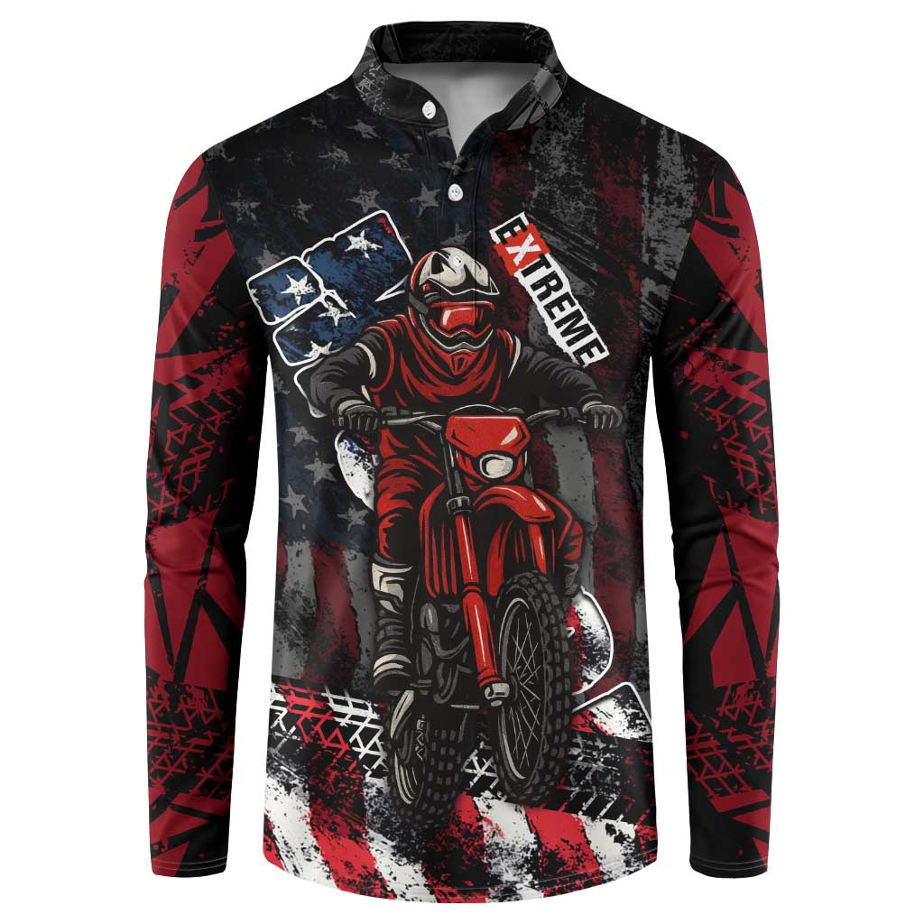 Motocross Rider Button Sweatshirt with American Flag Background and Extreme Text in Red and Black Grunge Design - Wonder Print Shop