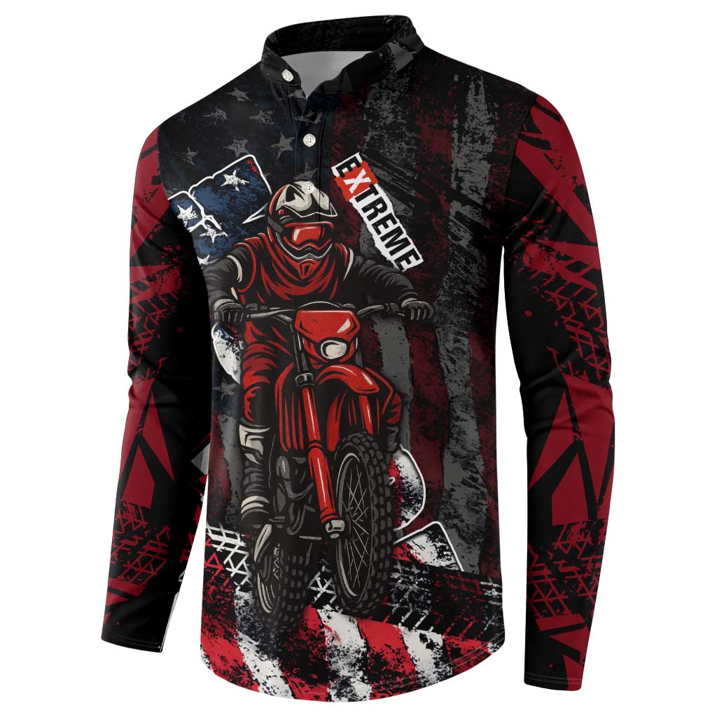 Motocross Rider Button Sweatshirt with American Flag Background and Extreme Text in Red and Black Grunge Design - Wonder Print Shop