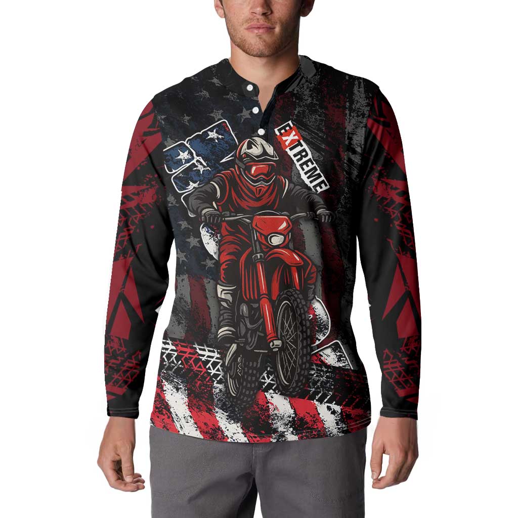 Motocross Rider Button Sweatshirt with American Flag Background and Extreme Text in Red and Black Grunge Design - Wonder Print Shop