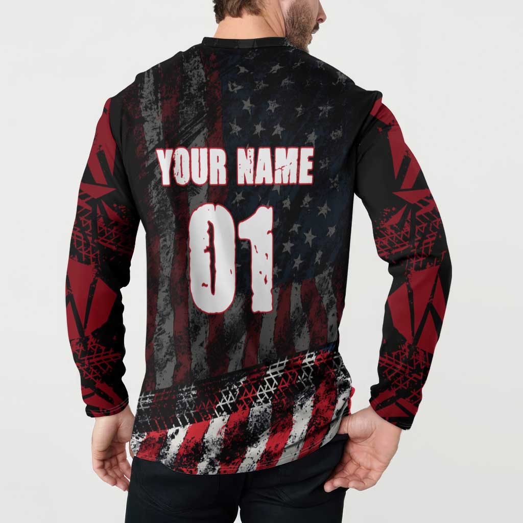 Motocross Rider Button Sweatshirt with American Flag Background and Extreme Text in Red and Black Grunge Design - Wonder Print Shop
