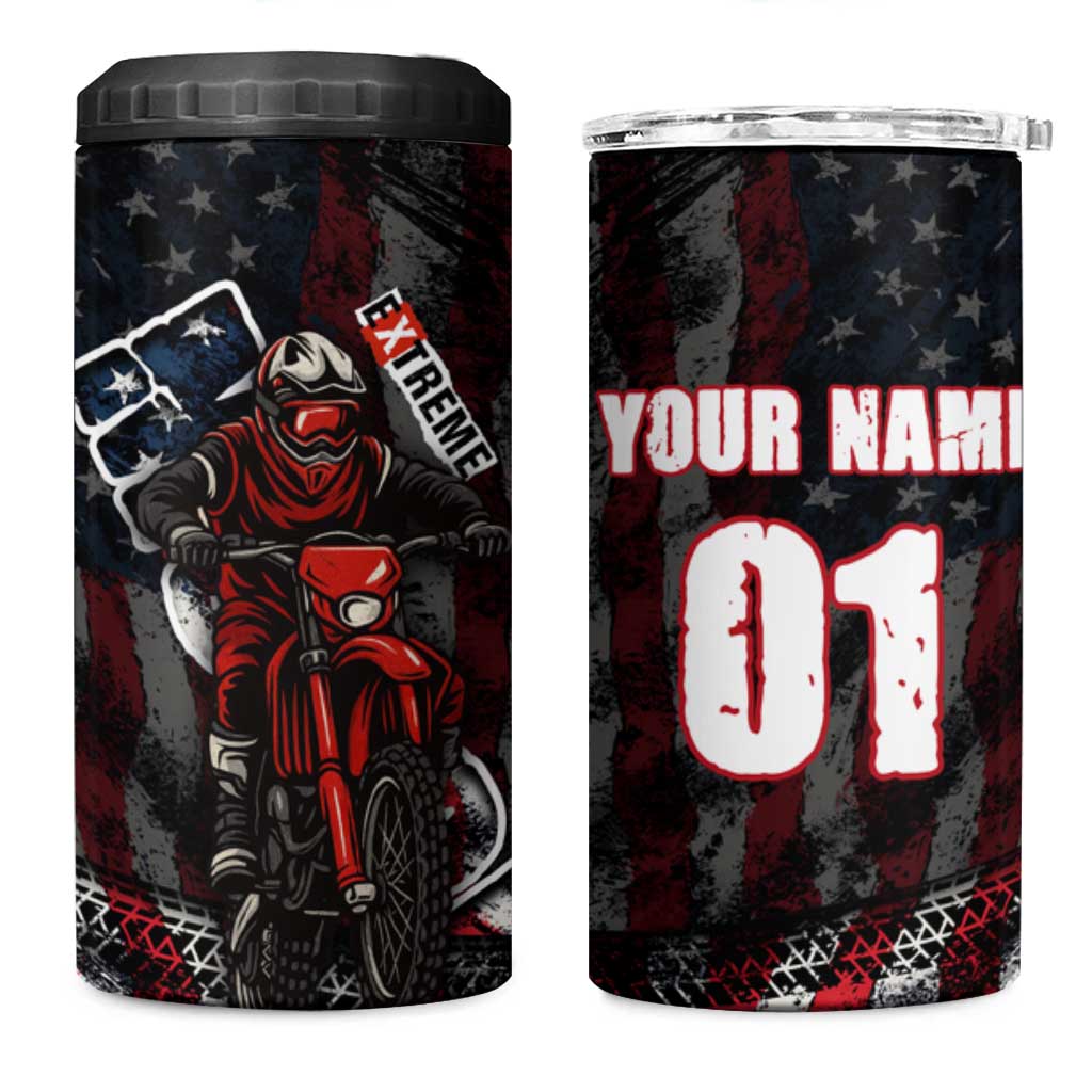 Motocross Rider 4 in 1 Can Cooler Tumbler with American Flag Background and Extreme Text in Red and Black Grunge Design - Wonder Print Shop