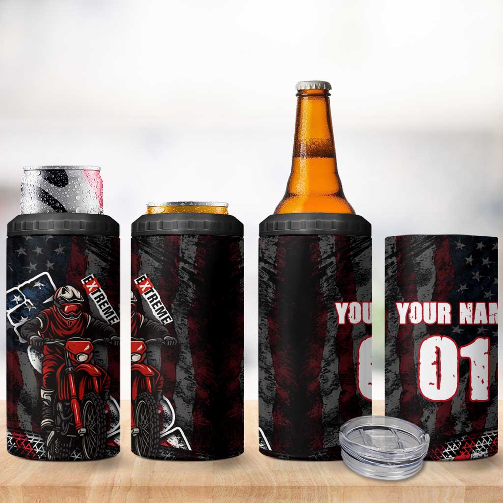 Motocross Rider 4 in 1 Can Cooler Tumbler with American Flag Background and Extreme Text in Red and Black Grunge Design - Wonder Print Shop