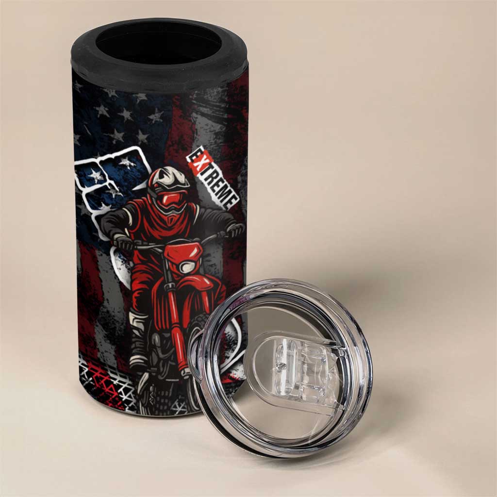 Motocross Rider 4 in 1 Can Cooler Tumbler with American Flag Background and Extreme Text in Red and Black Grunge Design - Wonder Print Shop