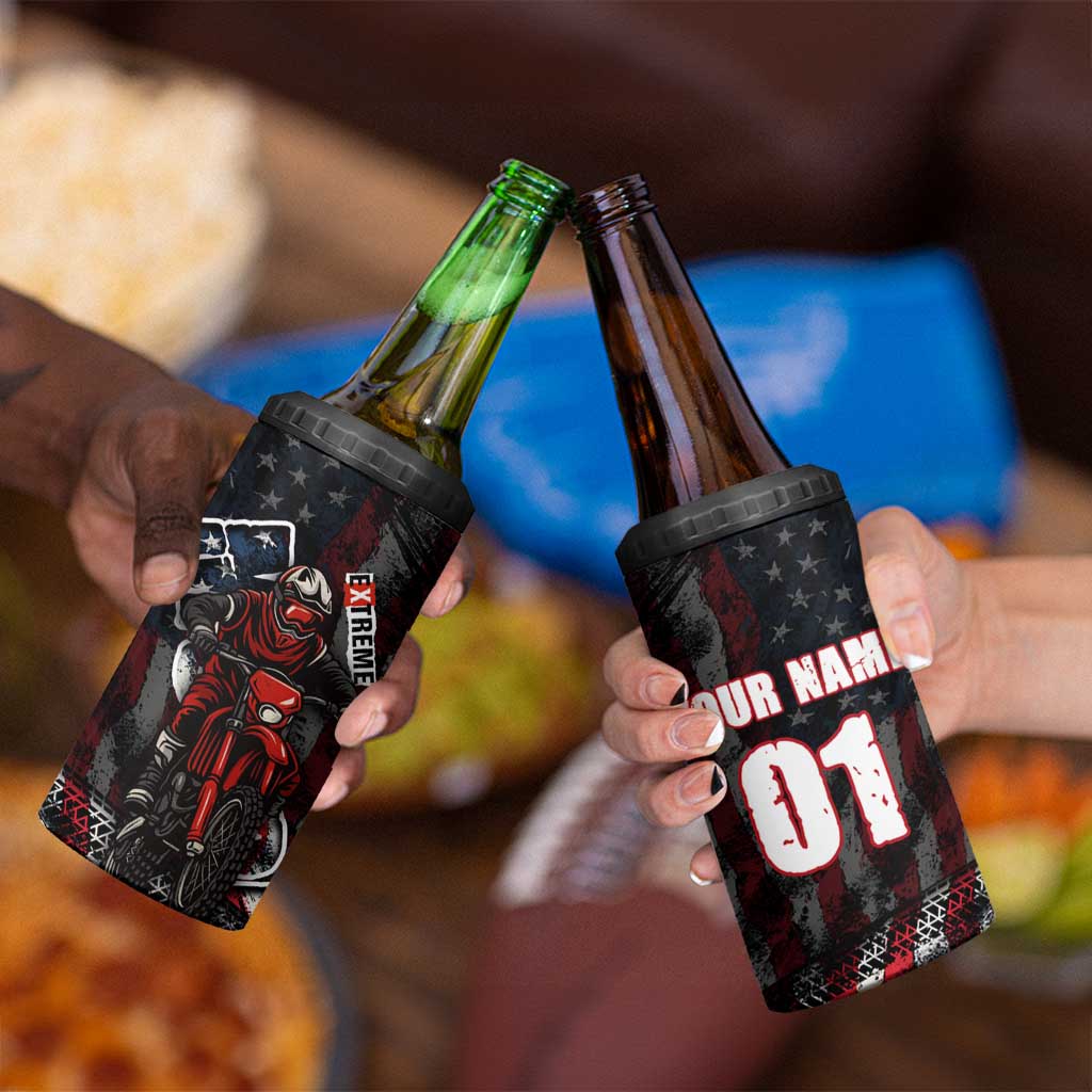 Motocross Rider 4 in 1 Can Cooler Tumbler with American Flag Background and Extreme Text in Red and Black Grunge Design - Wonder Print Shop