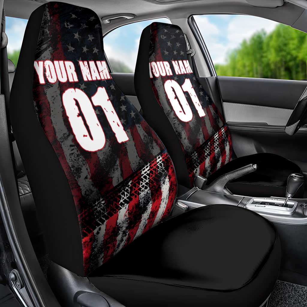 Motocross Rider Car Seat Cover with American Flag Background and Extreme Text in Red and Black Grunge Design - Wonder Print Shop