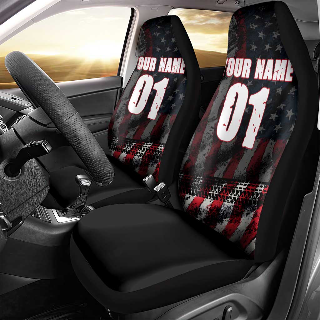 Motocross Rider Car Seat Cover with American Flag Background and Extreme Text in Red and Black Grunge Design - Wonder Print Shop