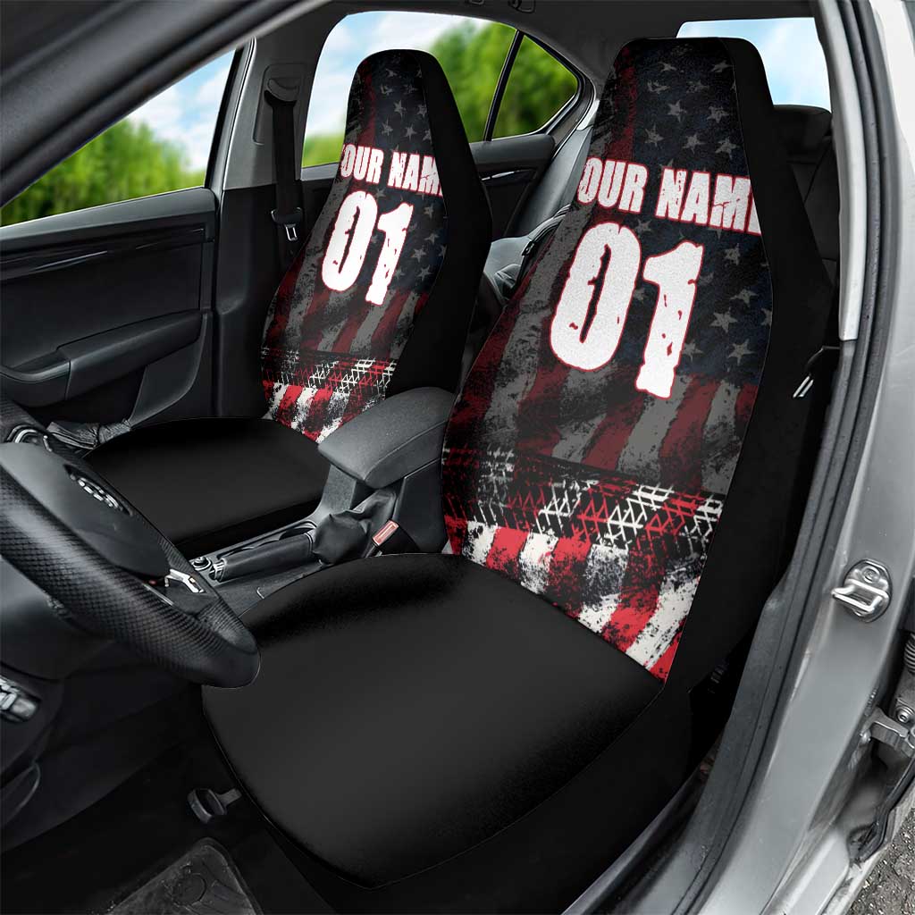 Motocross Rider Car Seat Cover with American Flag Background and Extreme Text in Red and Black Grunge Design - Wonder Print Shop