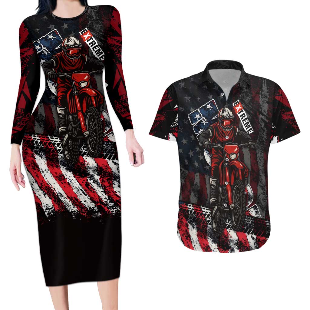 Motocross Rider Couples Matching Long Sleeve Bodycon Dress and Hawaiian Shirt with American Flag Background and Extreme Text in Red and Black Grunge Design - Wonder Print Shop