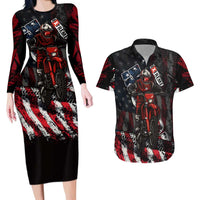 Motocross Rider Couples Matching Long Sleeve Bodycon Dress and Hawaiian Shirt with American Flag Background and Extreme Text in Red and Black Grunge Design - Wonder Print Shop