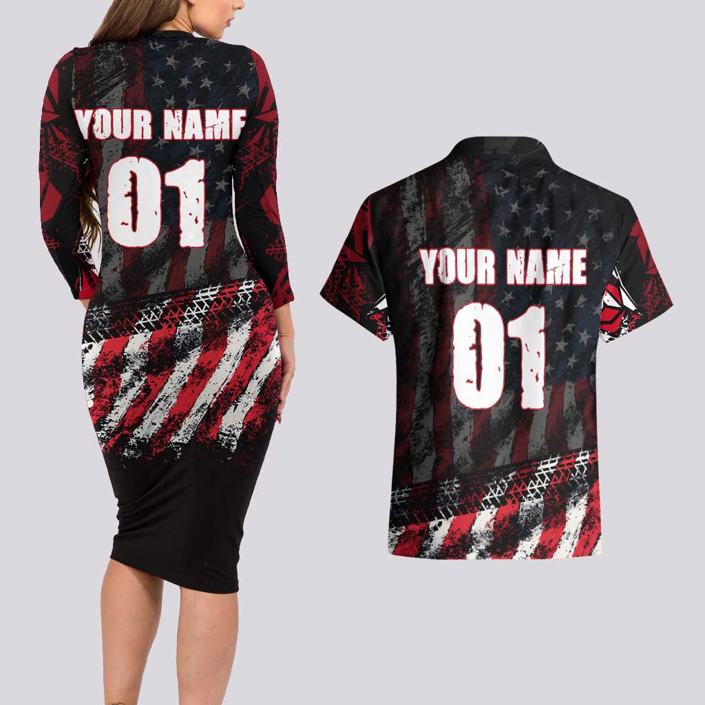Motocross Rider Couples Matching Long Sleeve Bodycon Dress and Hawaiian Shirt with American Flag Background and Extreme Text in Red and Black Grunge Design - Wonder Print Shop