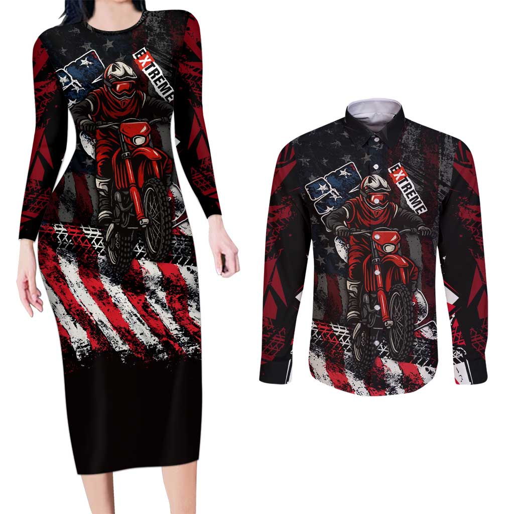 Motocross Rider Couples Matching Long Sleeve Bodycon Dress and Long Sleeve Button Shirt with American Flag Background and Extreme Text in Red and Black Grunge Design - Wonder Print Shop