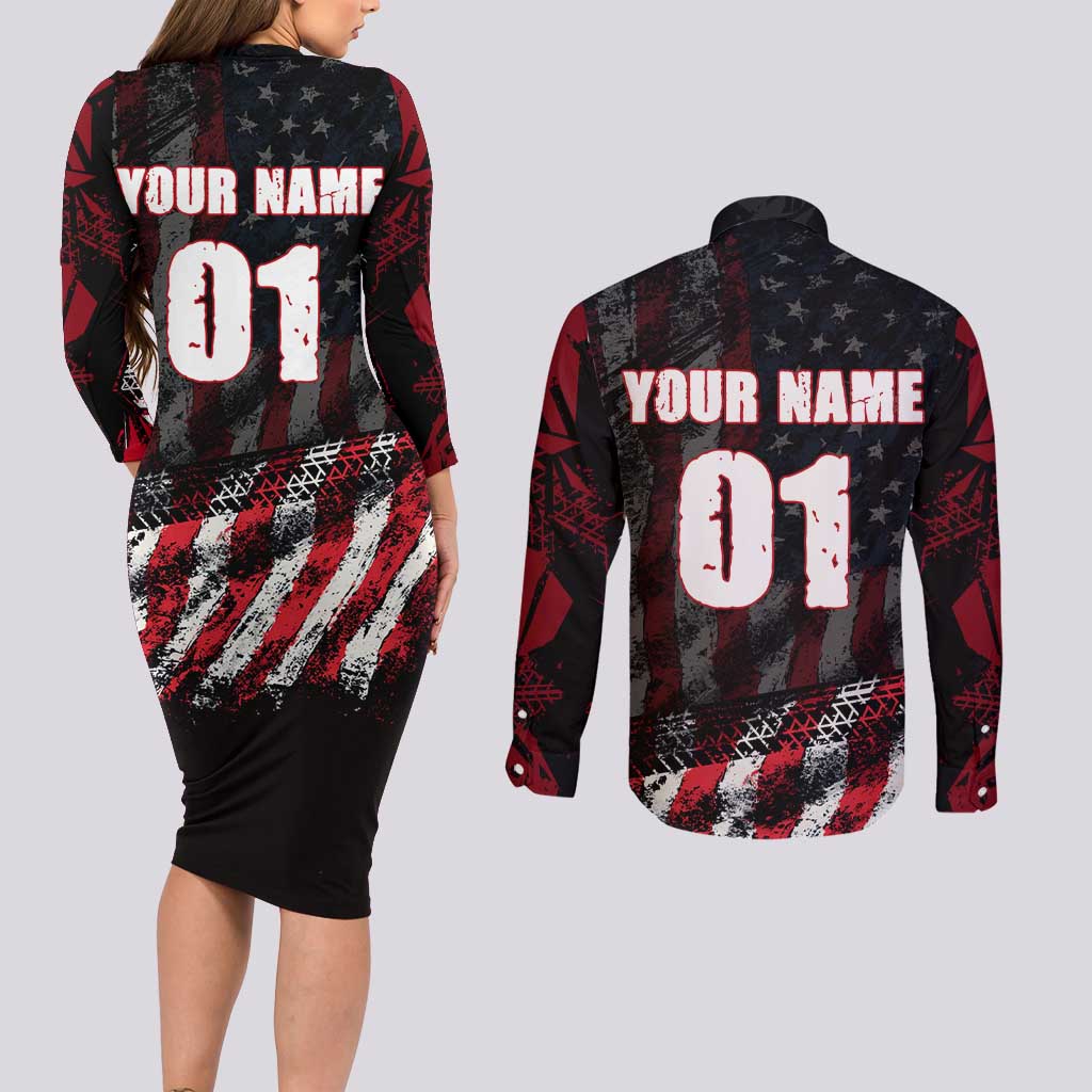 Motocross Rider Couples Matching Long Sleeve Bodycon Dress and Long Sleeve Button Shirt with American Flag Background and Extreme Text in Red and Black Grunge Design - Wonder Print Shop