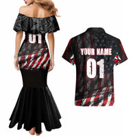Motocross Rider Couples Matching Mermaid Dress and Hawaiian Shirt with American Flag Background and Extreme Text in Red and Black Grunge Design - Wonder Print Shop