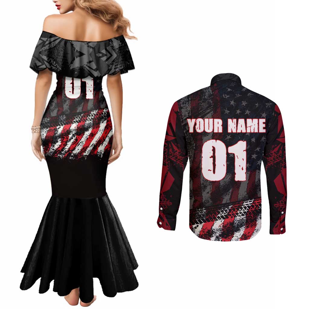 Motocross Rider Couples Matching Mermaid Dress and Long Sleeve Button Shirt with American Flag Background and Extreme Text in Red and Black Grunge Design - Wonder Print Shop