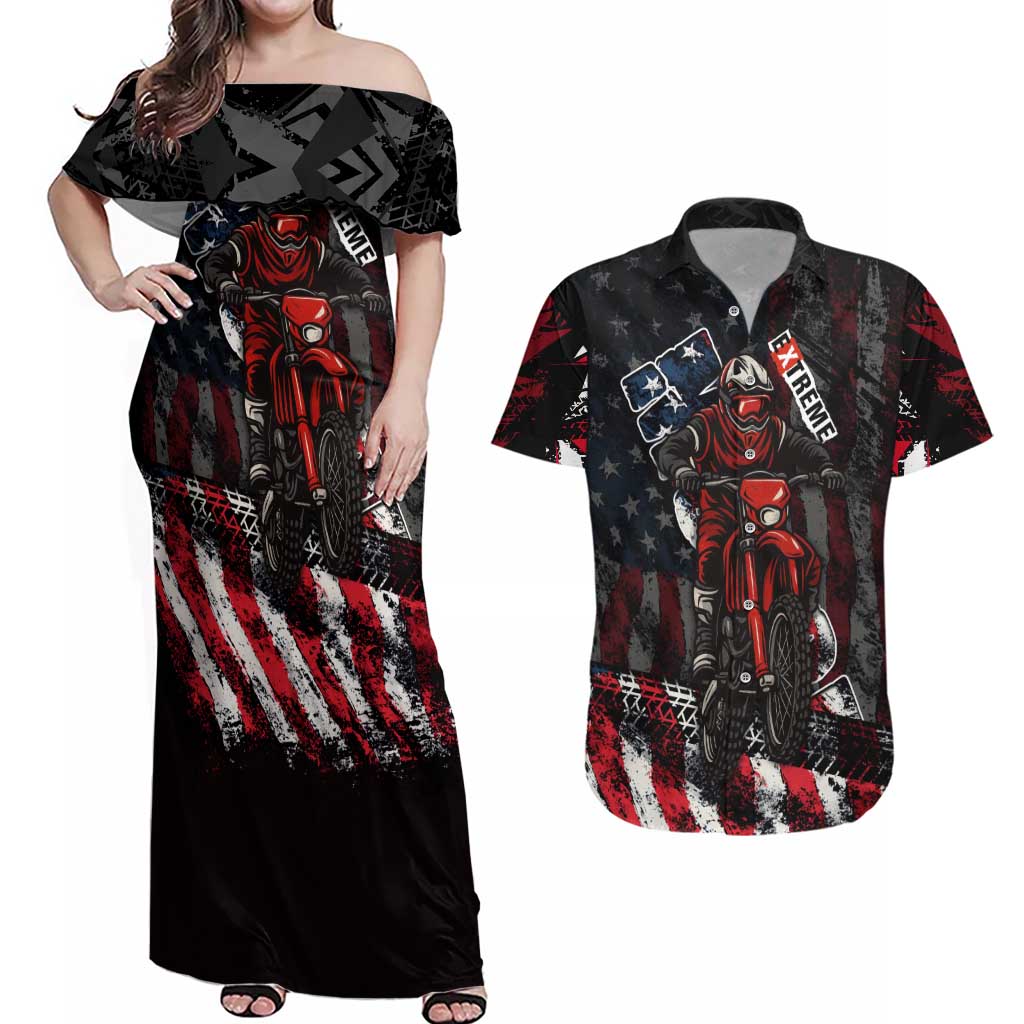 Motocross Rider Couples Matching Off Shoulder Maxi Dress and Hawaiian Shirt with American Flag Background and Extreme Text in Red and Black Grunge Design - Wonder Print Shop