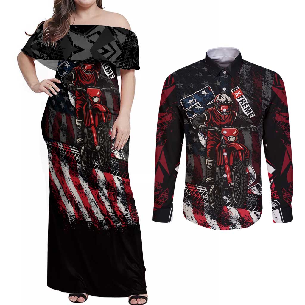 Motocross Rider Couples Matching Off Shoulder Maxi Dress and Long Sleeve Button Shirt with American Flag Background and Extreme Text in Red and Black Grunge Design - Wonder Print Shop