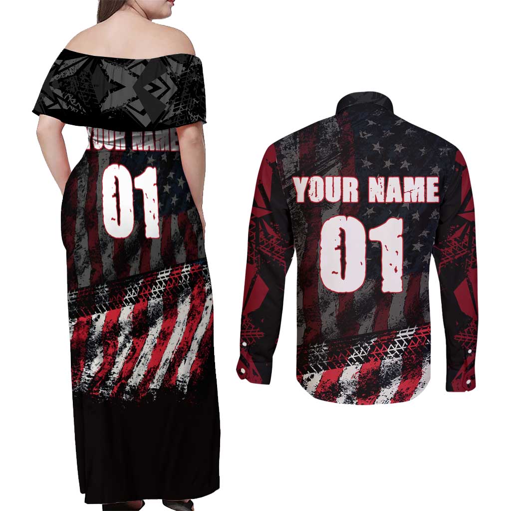 Motocross Rider Couples Matching Off Shoulder Maxi Dress and Long Sleeve Button Shirt with American Flag Background and Extreme Text in Red and Black Grunge Design - Wonder Print Shop