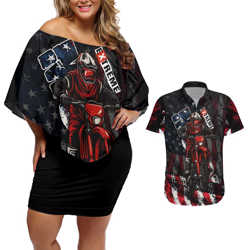 Motocross Rider Couples Matching Off Shoulder Short Dress and Hawaiian Shirt with American Flag Background and Extreme Text in Red and Black Grunge Design - Wonder Print Shop