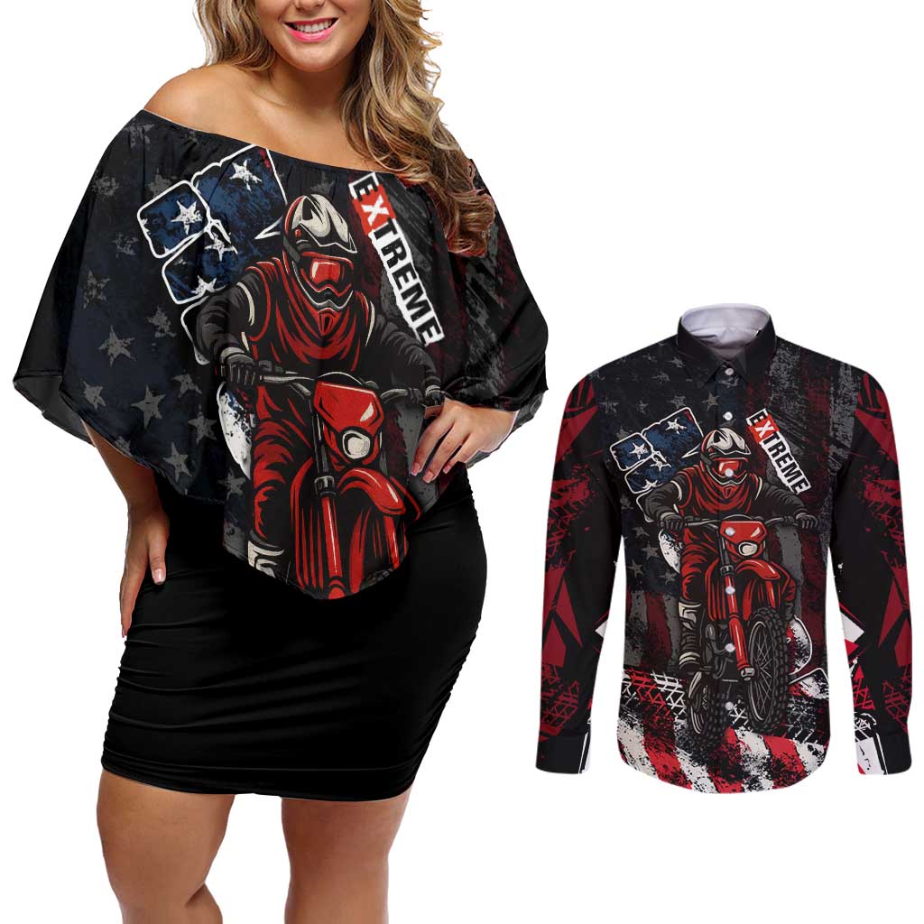 Motocross Rider Couples Matching Off Shoulder Short Dress and Long Sleeve Button Shirt with American Flag Background and Extreme Text in Red and Black Grunge Design - Wonder Print Shop