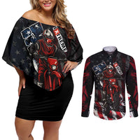 Motocross Rider Couples Matching Off Shoulder Short Dress and Long Sleeve Button Shirt with American Flag Background and Extreme Text in Red and Black Grunge Design - Wonder Print Shop