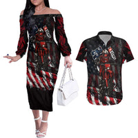 Motocross Rider Couples Matching Off The Shoulder Long Sleeve Dress and Hawaiian Shirt with American Flag Background and Extreme Text in Red and Black Grunge Design - Wonder Print Shop