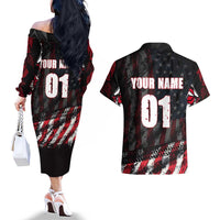 Motocross Rider Couples Matching Off The Shoulder Long Sleeve Dress and Hawaiian Shirt with American Flag Background and Extreme Text in Red and Black Grunge Design - Wonder Print Shop