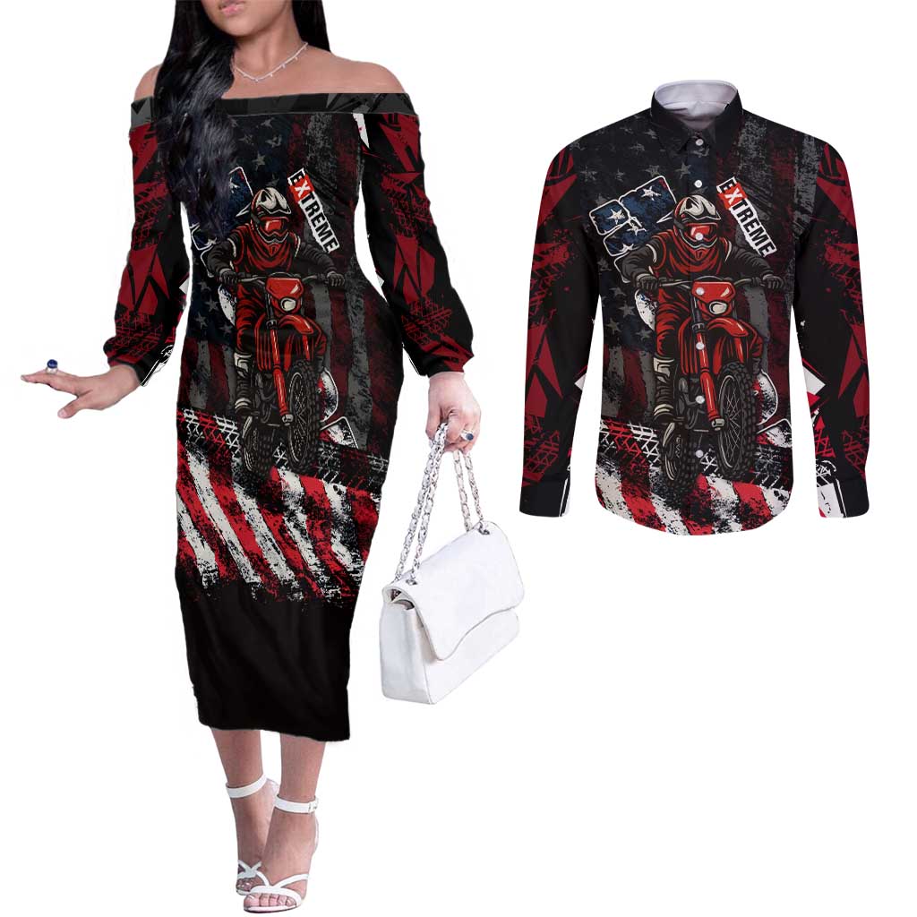 Motocross Rider Couples Matching Off The Shoulder Long Sleeve Dress and Long Sleeve Button Shirt with American Flag Background and Extreme Text in Red and Black Grunge Design - Wonder Print Shop