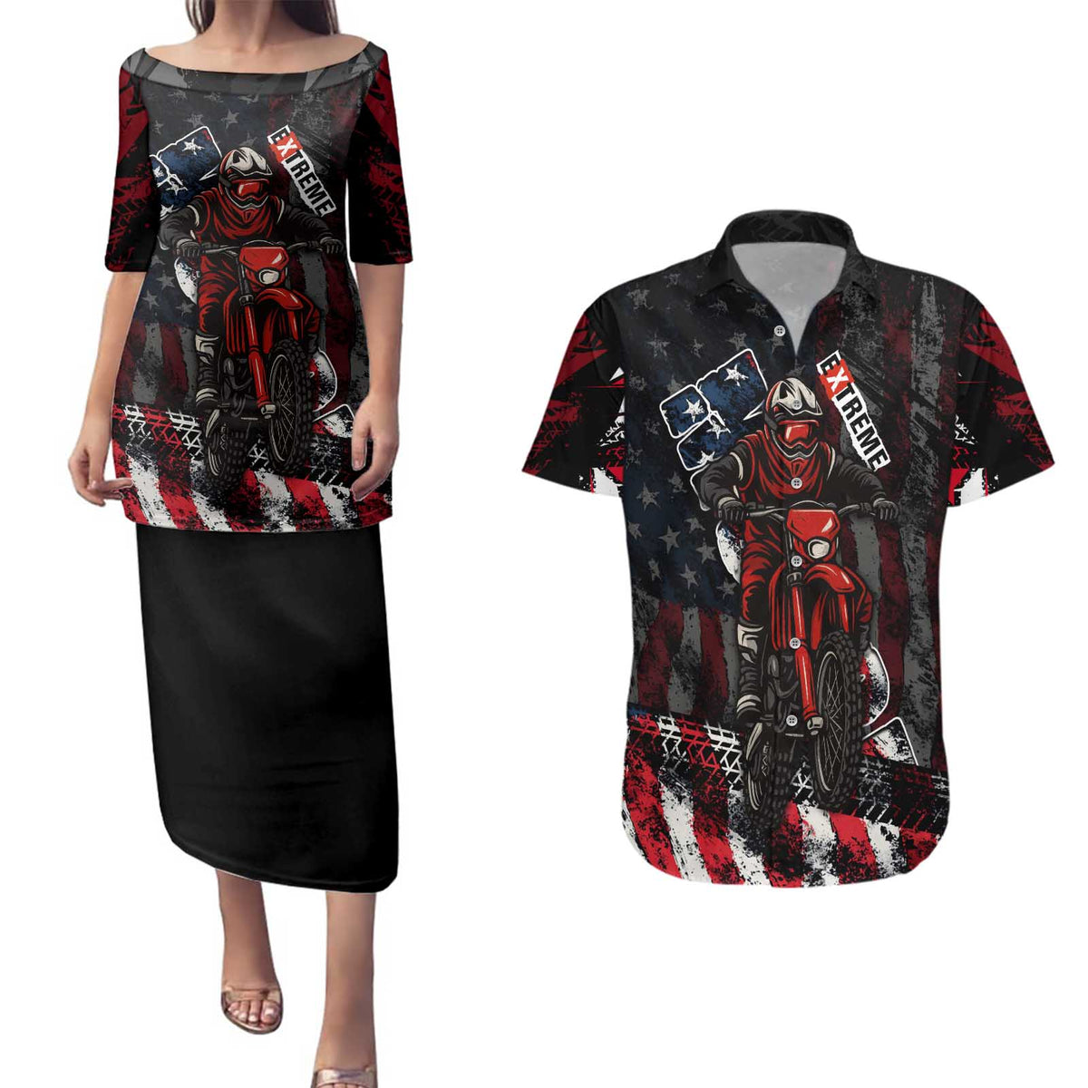 Motocross Rider Couples Matching Puletasi and Hawaiian Shirt with American Flag Background and Extreme Text in Red and Black Grunge Design - Wonder Print Shop