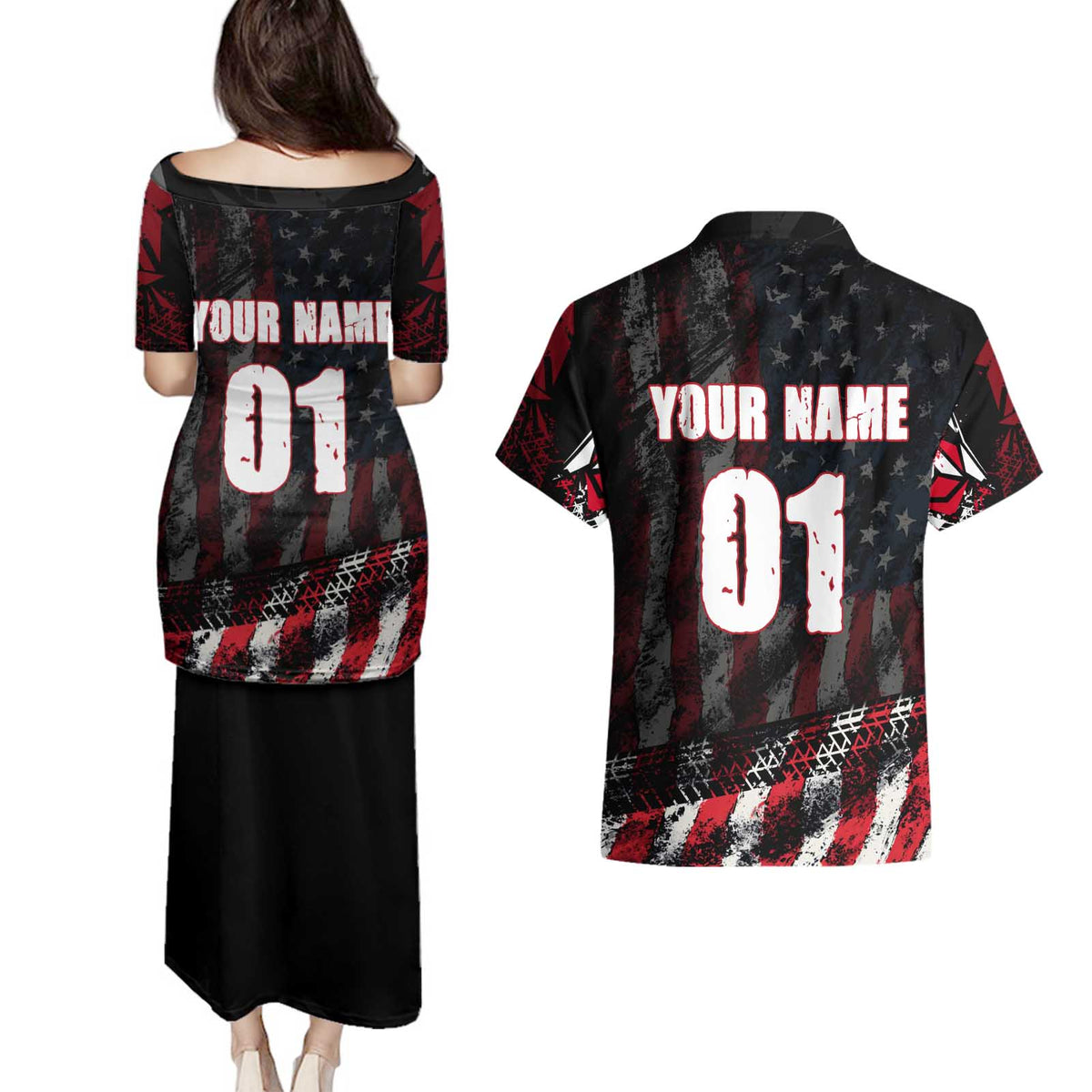 Motocross Rider Couples Matching Puletasi and Hawaiian Shirt with American Flag Background and Extreme Text in Red and Black Grunge Design - Wonder Print Shop