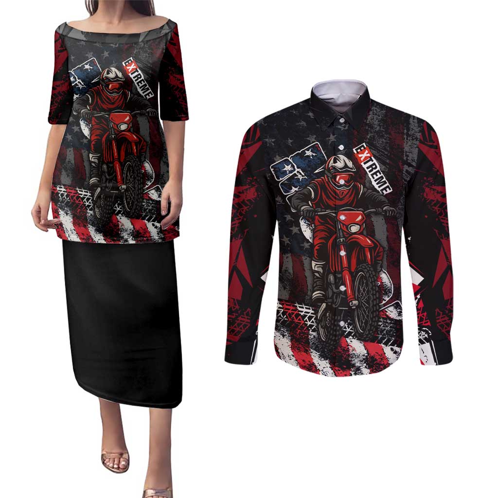 Motocross Rider Couples Matching Puletasi and Long Sleeve Button Shirt with American Flag Background and Extreme Text in Red and Black Grunge Design - Wonder Print Shop