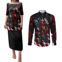 Motocross Rider Couples Matching Puletasi and Long Sleeve Button Shirt with American Flag Background and Extreme Text in Red and Black Grunge Design - Wonder Print Shop
