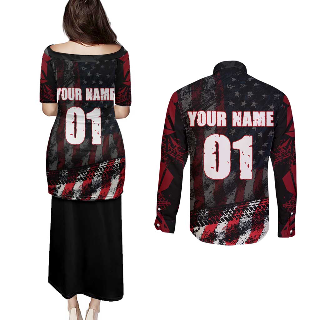 Motocross Rider Couples Matching Puletasi and Long Sleeve Button Shirt with American Flag Background and Extreme Text in Red and Black Grunge Design - Wonder Print Shop