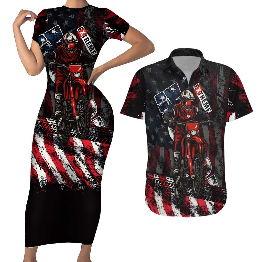 Motocross Rider Couples Matching Short Sleeve Bodycon Dress and Hawaiian Shirt with American Flag Background and Extreme Text in Red and Black Grunge Design - Wonder Print Shop