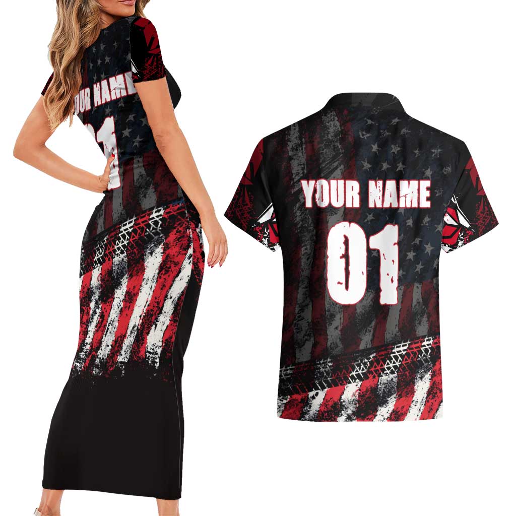 Motocross Rider Couples Matching Short Sleeve Bodycon Dress and Hawaiian Shirt with American Flag Background and Extreme Text in Red and Black Grunge Design - Wonder Print Shop