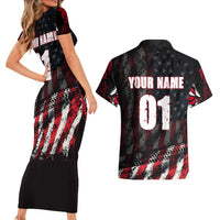 Motocross Rider Couples Matching Short Sleeve Bodycon Dress and Hawaiian Shirt with American Flag Background and Extreme Text in Red and Black Grunge Design - Wonder Print Shop