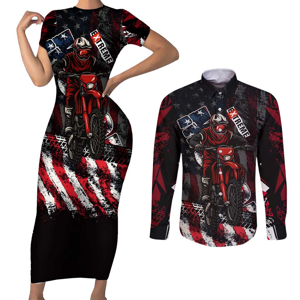 Motocross Rider Couples Matching Short Sleeve Bodycon Dress and Long Sleeve Button Shirt with American Flag Background and Extreme Text in Red and Black Grunge Design - Wonder Print Shop