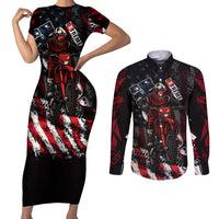 Motocross Rider Couples Matching Short Sleeve Bodycon Dress and Long Sleeve Button Shirt with American Flag Background and Extreme Text in Red and Black Grunge Design - Wonder Print Shop