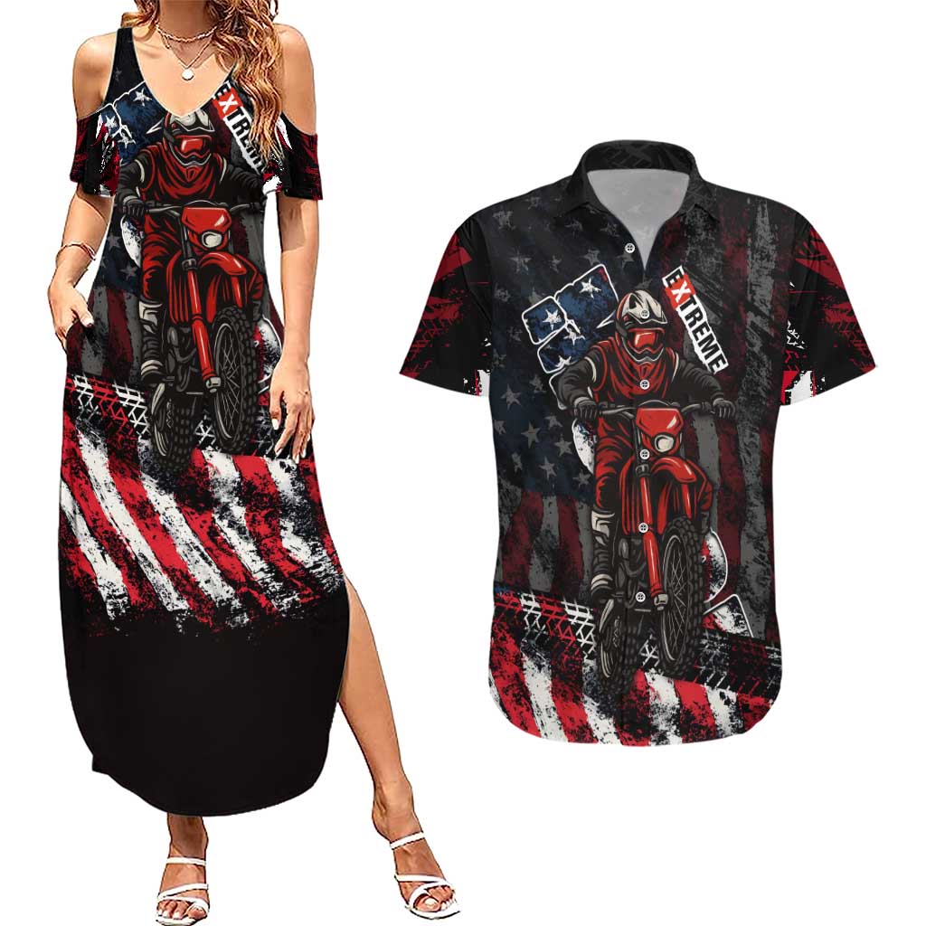 Motocross Rider Couples Matching Summer Maxi Dress and Hawaiian Shirt with American Flag Background and Extreme Text in Red and Black Grunge Design - Wonder Print Shop