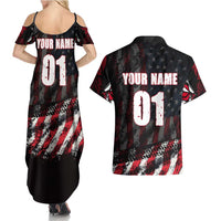 Motocross Rider Couples Matching Summer Maxi Dress and Hawaiian Shirt with American Flag Background and Extreme Text in Red and Black Grunge Design - Wonder Print Shop