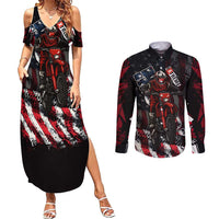 Motocross Rider Couples Matching Summer Maxi Dress and Long Sleeve Button Shirt with American Flag Background and Extreme Text in Red and Black Grunge Design - Wonder Print Shop