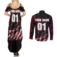 Motocross Rider Couples Matching Summer Maxi Dress and Long Sleeve Button Shirt with American Flag Background and Extreme Text in Red and Black Grunge Design - Wonder Print Shop