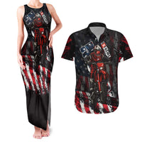 Motocross Rider Couples Matching Tank Maxi Dress and Hawaiian Shirt with American Flag Background and Extreme Text in Red and Black Grunge Design - Wonder Print Shop